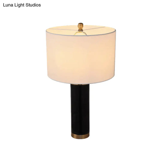 Minimalist Cylinder Table Lamp: 1-Light Fabric Night Light With Marble Pillar - Black/White