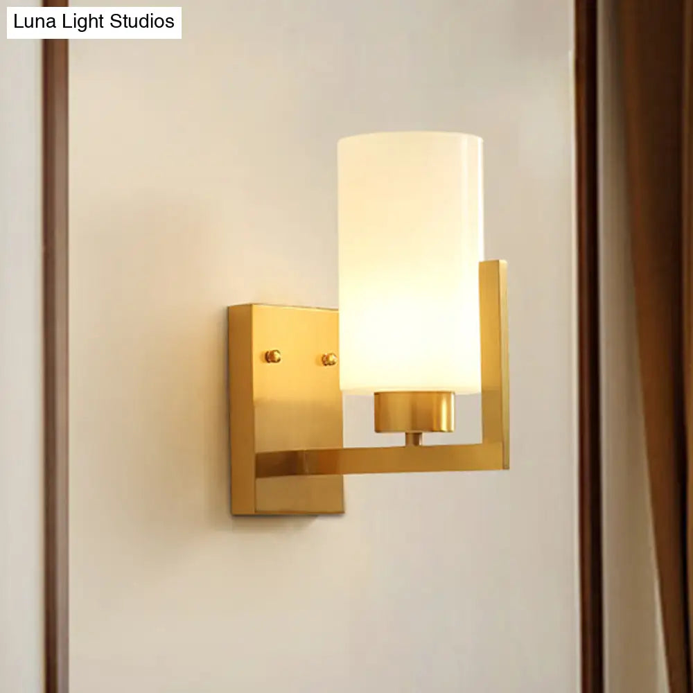 Minimalist Cylinder Wall Sconce With Opal Frosted Glass And Brass Finish - Perfect For Bedroom