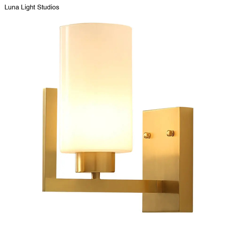 Minimalist Cylinder Wall Sconce With Opal Frosted Glass And Brass Finish - Perfect For Bedroom