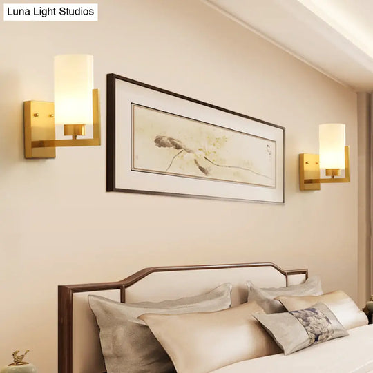 Minimalist Cylinder Wall Sconce With Opal Frosted Glass And Brass Finish - Perfect For Bedroom