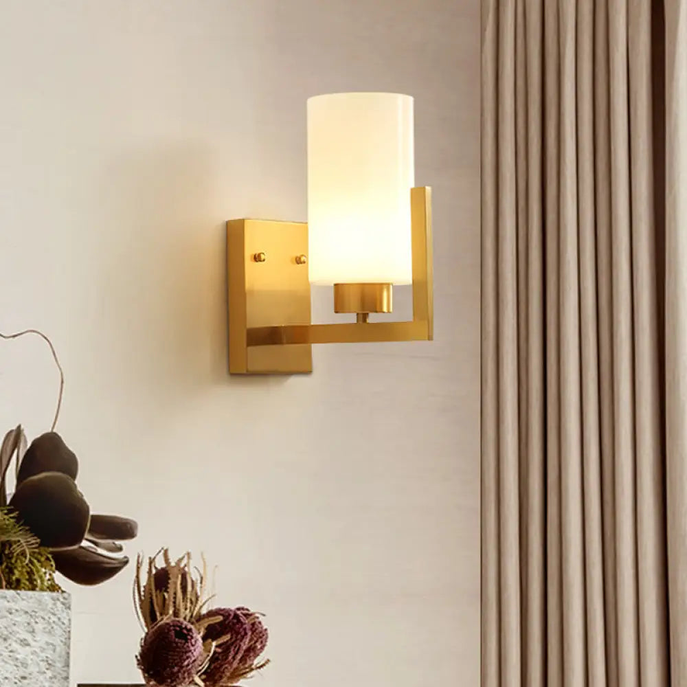 Minimalist Cylinder Wall Sconce With Opal Frosted Glass And Brass Finish - Perfect For Bedroom