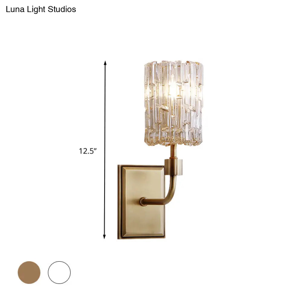 Minimalist Cylindrical Metal Sconce Light - Clear/Amber Crystal Wall Mount Lighting For Living Room