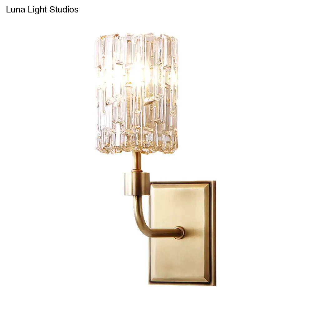 Minimalist Cylindrical Metal Sconce Light - Clear/Amber Crystal Wall Mount Lighting For Living Room