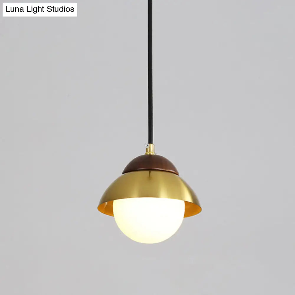 Minimalist Dome Living Room Ceiling Pendant Light With Global White Glass Shade - Brass Finish