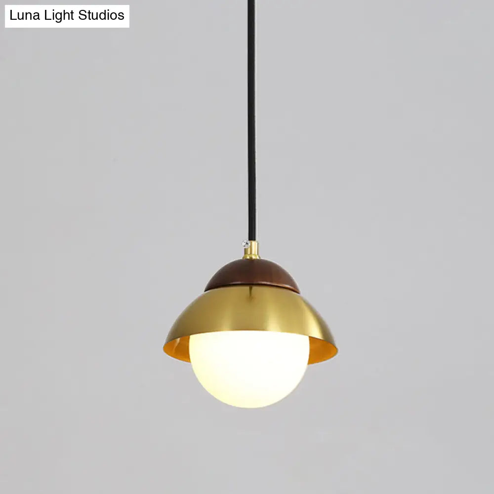 Minimalist Dome Pendant Ceiling Light With 1 Bulb And Global White Glass Shade In Brass