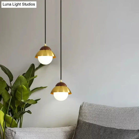 Minimalist Dome Living Room Ceiling Pendant Light With Global White Glass Shade - Brass Finish