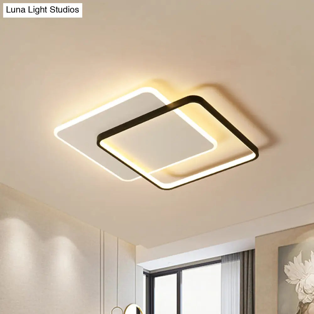 Minimalist Double-Square/Round Flushmount Led Bedroom Ceiling Light In Black With Warm/White