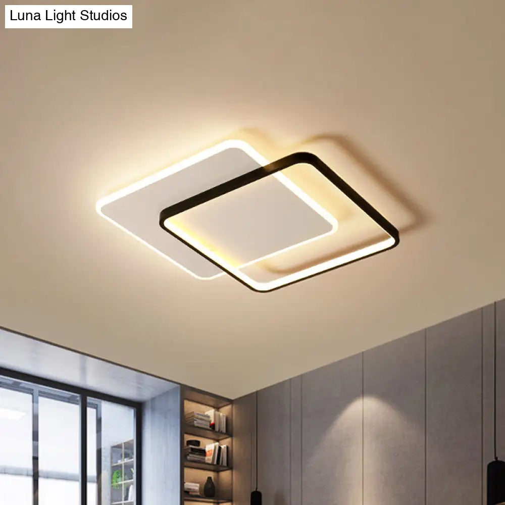 Minimalist Double-Square/Round Flushmount Led Bedroom Ceiling Light In Black With Warm/White