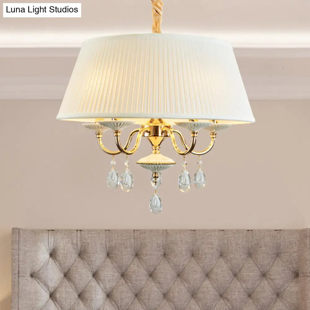 Minimalist Drum Chandelier With Crystal Droplet - 4 Heads Pendant Lamp In White/Grey White