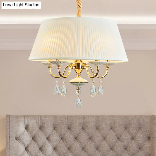 Minimalist Drum Chandelier With Crystal Droplet - 4 Heads Pendant Lamp In White/Grey White