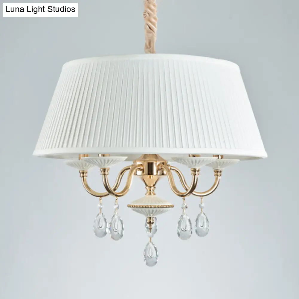 Minimalist Drum Chandelier With Crystal Droplet - 4 Heads Pendant Lamp In White/Grey