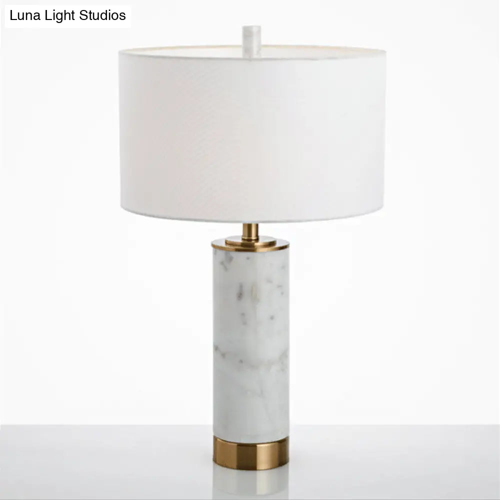 Minimalist Drum Shade Nightstand Lamp With Marble Accent - White Fabric Table Light For Bedroom