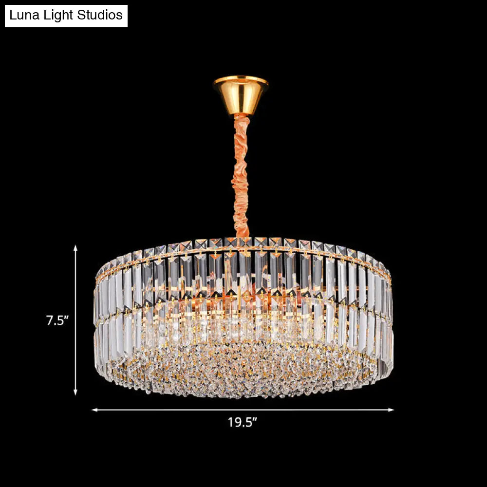 Minimalist Drum Shaped Crystal Chandelier Pendant With Layered Clear Crystals & 6 Bulbs