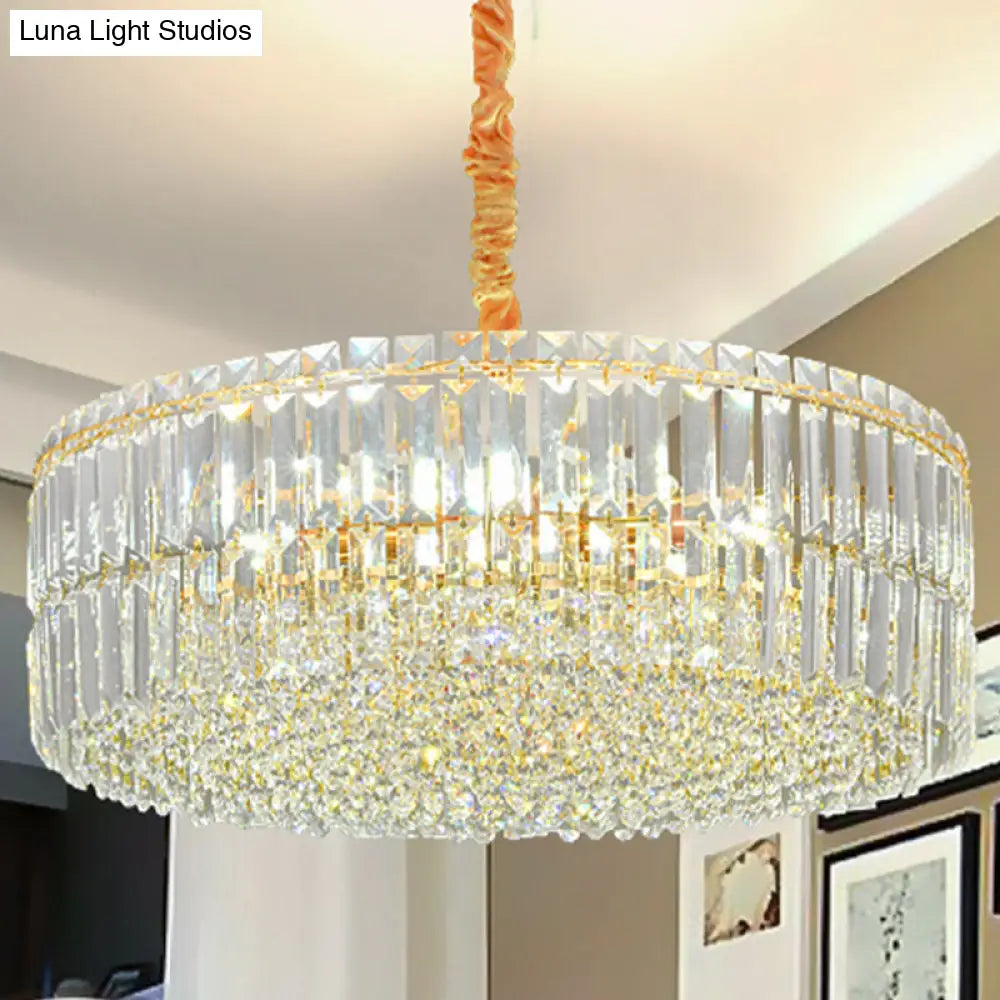 Minimalist Drum Shaped Crystal Chandelier Pendant With Layered Clear Crystals & 6 Bulbs