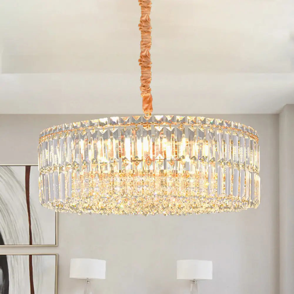 Minimalist Drum Shaped Crystal Chandelier Pendant With Layered Clear Crystals & 6 Bulbs