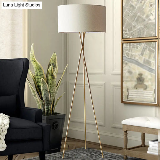 Minimalist Drum-Shaped Fabric Floor Lamp With Metal Tripod Stand