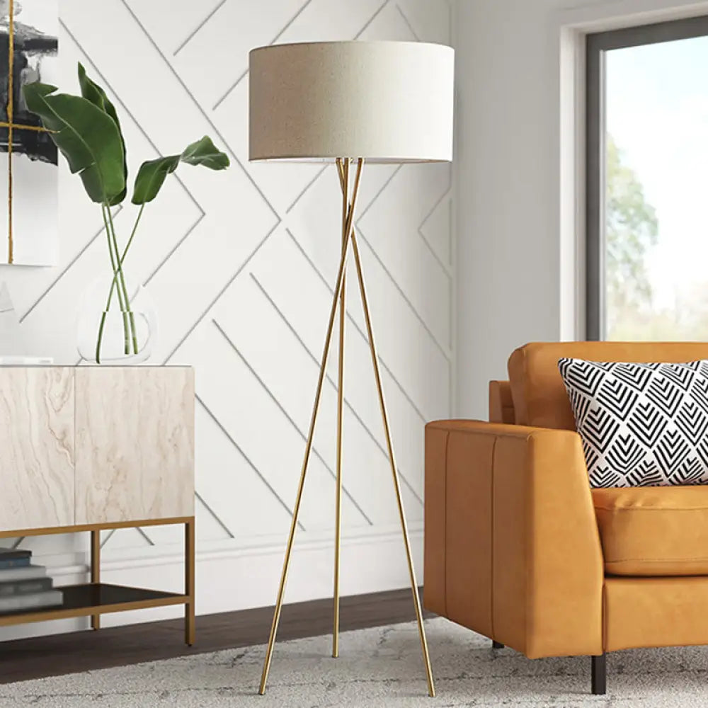 Minimalist Drum-Shaped Fabric Floor Lamp With Metal Tripod Stand Flaxen