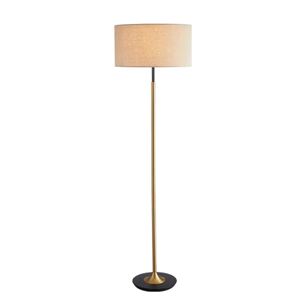 Minimalist Drum-Shaped Floor Lamp - Single Bulb Fabric Shade Flaxen