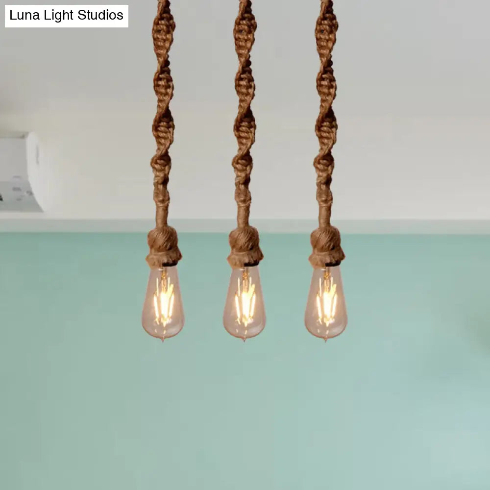 Minimalist 1/3-Head Rope Pendant Light Fixture In Brown For Bar - Exposed Bulb Hanging Lamp / 3