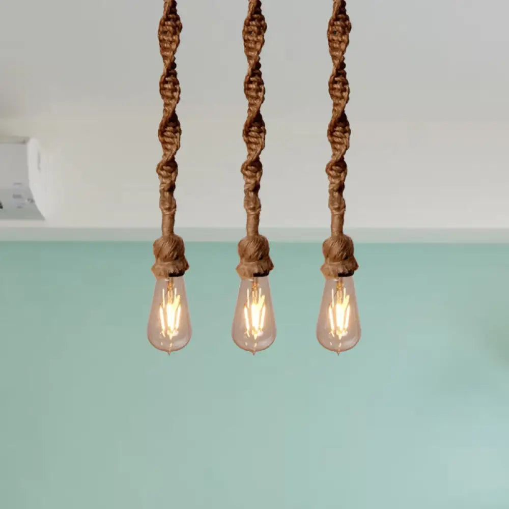 Minimalist Exposed Bulb Rope Pendant Light In Brown For Bar - 1/3 Head Hanging Lamp / 3