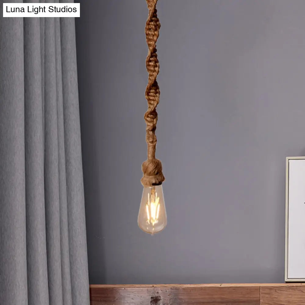 Minimalist 1/3-Head Rope Pendant Light Fixture In Brown For Bar - Exposed Bulb Hanging Lamp