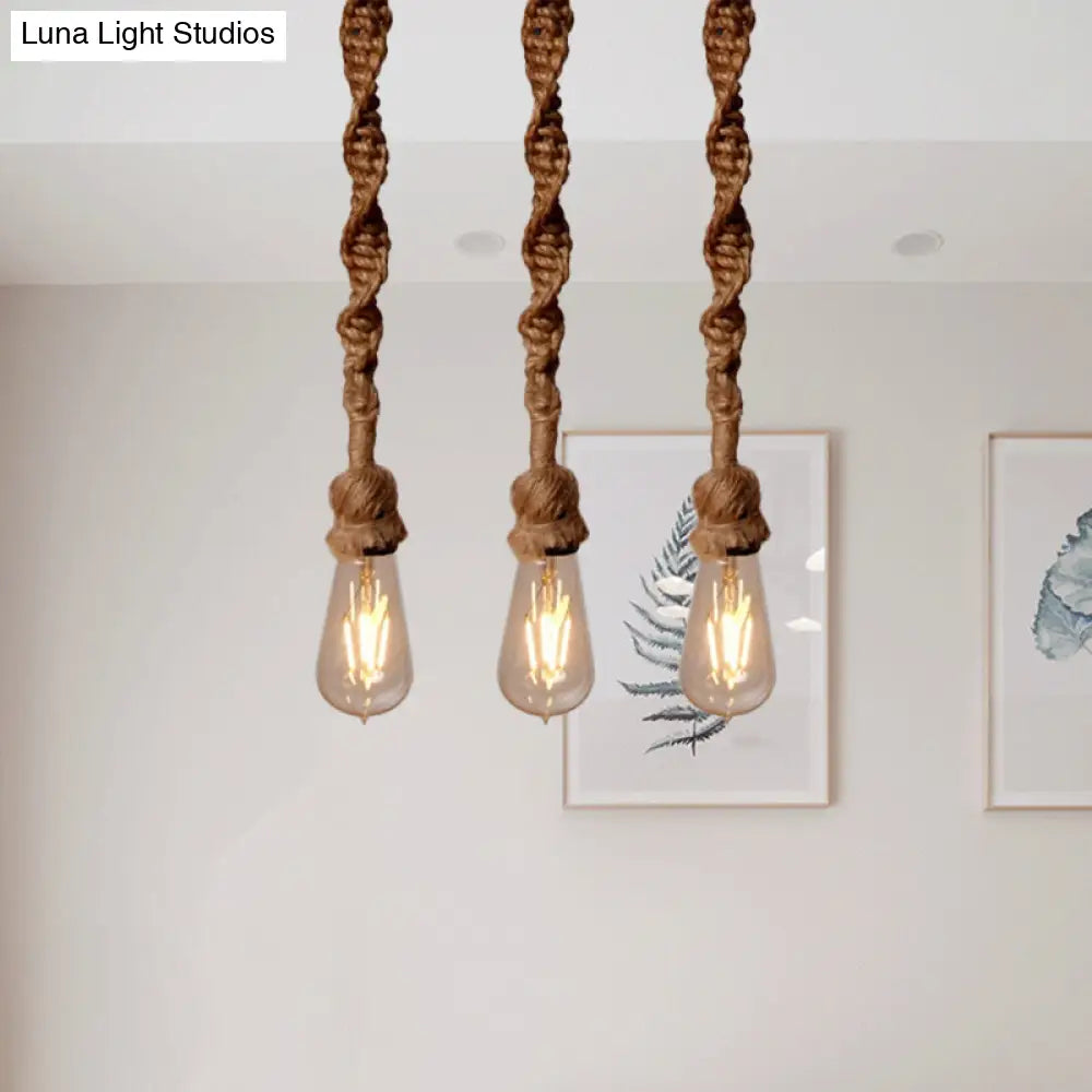 Minimalist 1/3-Head Rope Pendant Light Fixture In Brown For Bar - Exposed Bulb Hanging Lamp