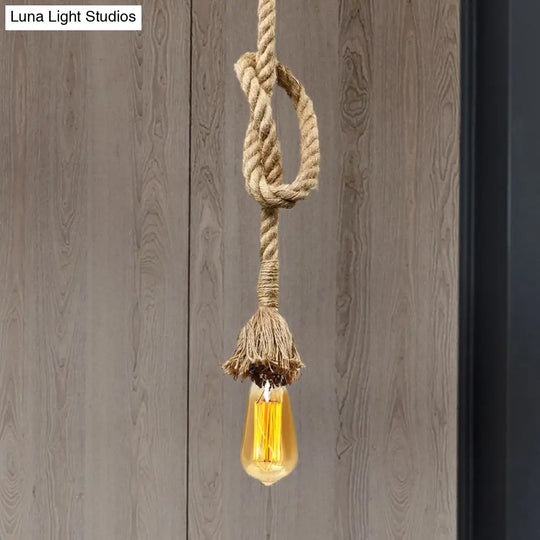 Minimalist Exposed Hanging Lamp: Adjustable Ceiling Light Fixture With Natural Rope Beige Shade