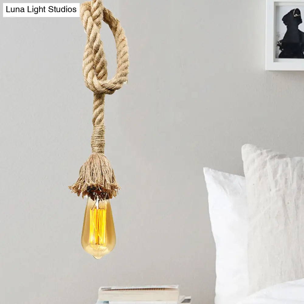 Minimalist Exposed Hanging Lamp: Adjustable Ceiling Light Fixture With Natural Rope Beige Shade