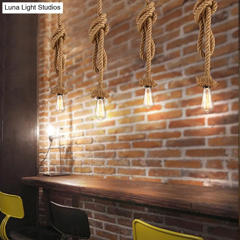 Minimalist Exposed Hanging Lamp: Natural Rope Ceiling Light In Beige