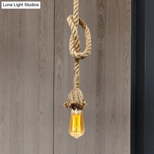 Minimalist Exposed Hanging Lamp: Natural Rope Ceiling Light In Beige