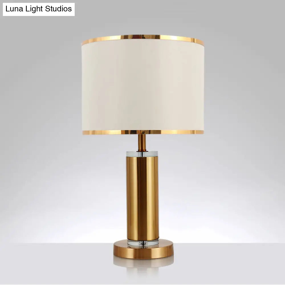 Minimalist Fabric Cylinder Table Lamp: 1-Light Brass Nightstand Lighting With Drum Shade