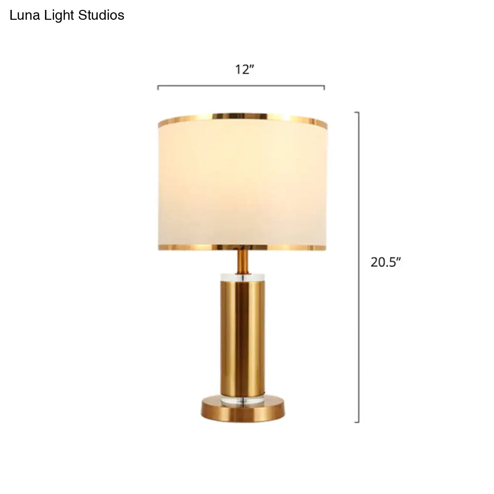 Minimalist Fabric Cylinder Table Lamp: 1-Light Brass Nightstand Lighting With Drum Shade