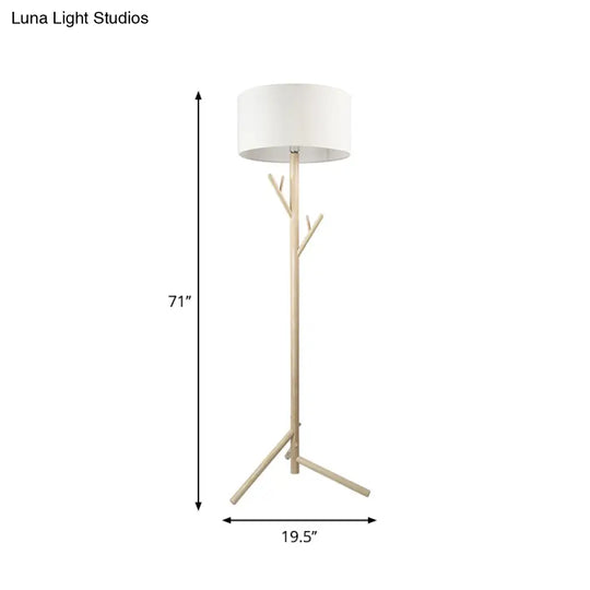 Minimalist Fabric Drum Floor Lamp With Wood Coat Rack - 1 Head Bedroom Lighting