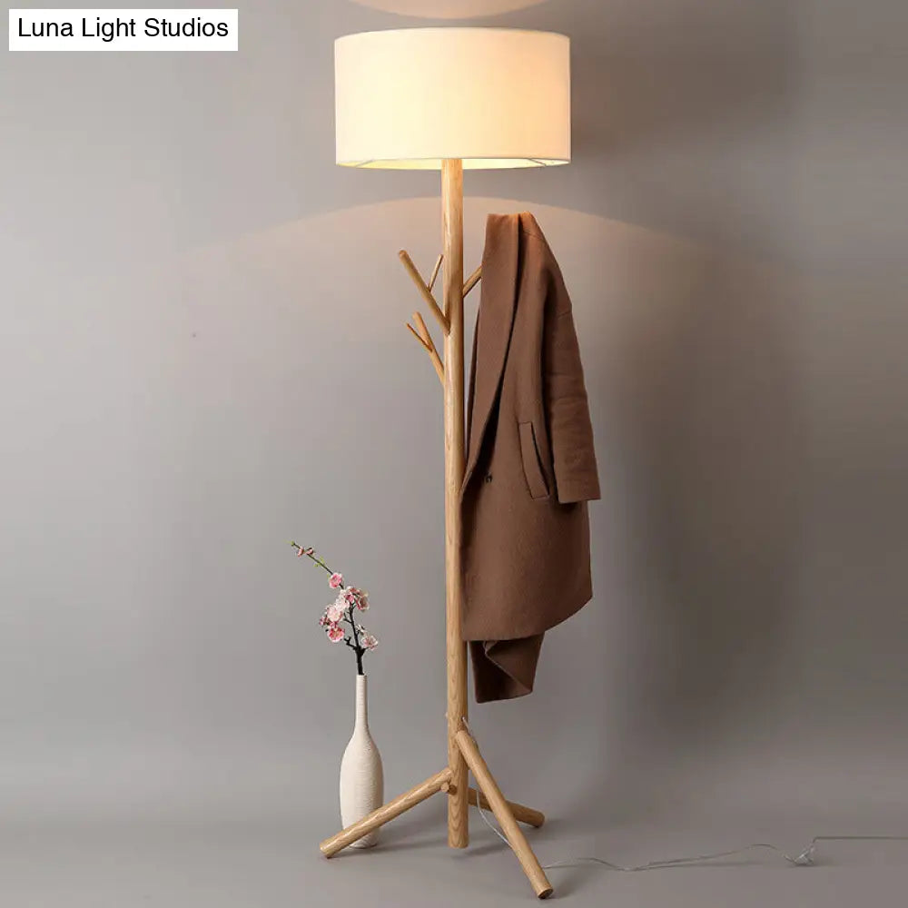 Minimalist Fabric Drum Floor Lamp With Wood Coat Rack - 1 Head Bedroom Lighting