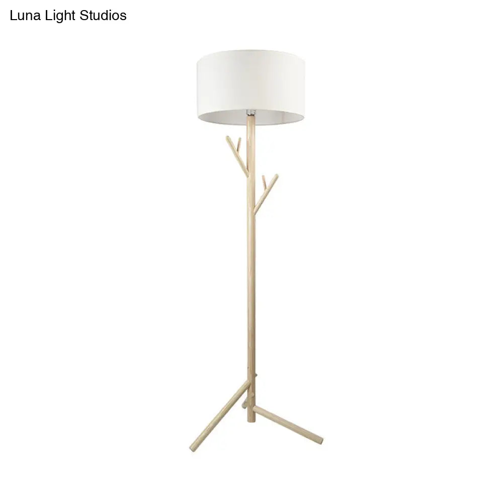 Minimalist Fabric Drum Floor Lamp With Wood Coat Rack - 1 Head Bedroom Lighting