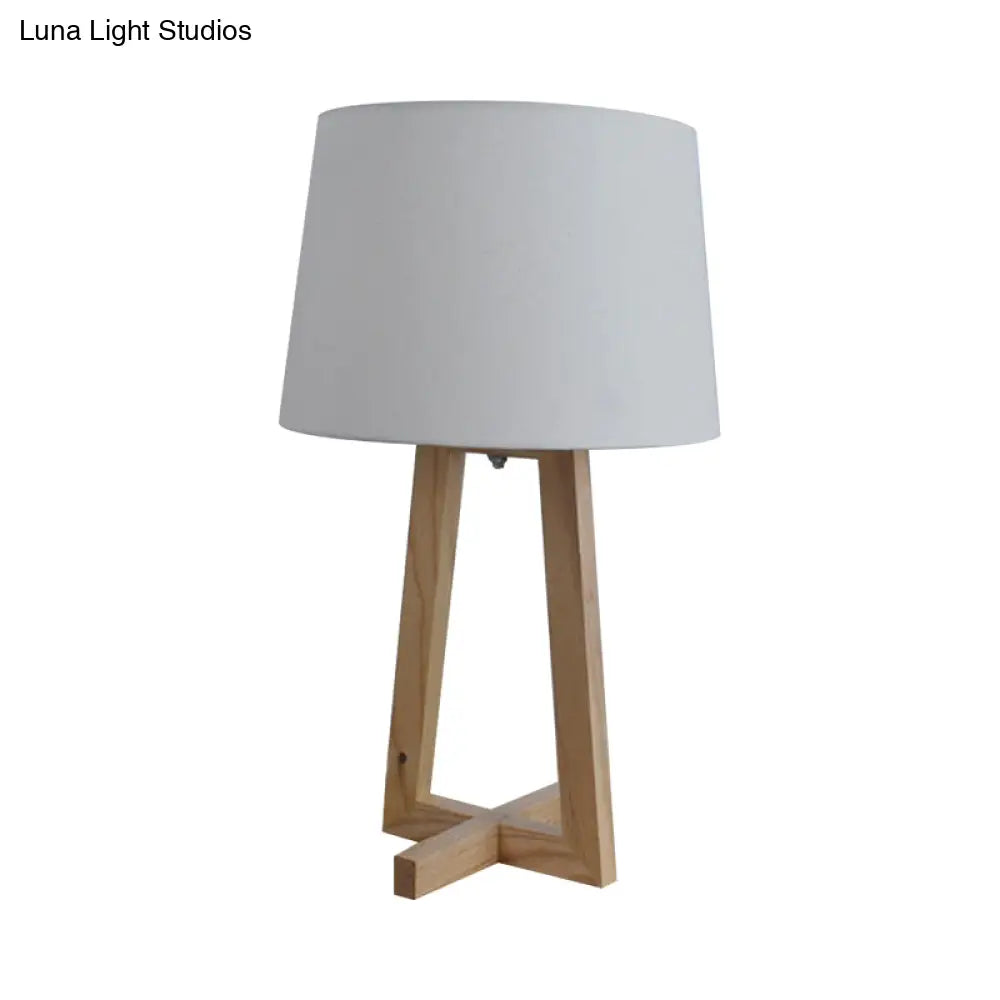 Minimalist Fabric Drum Night Table Light For Kids Room - 1-Head Wood 2-Legged Nightstand Lamp