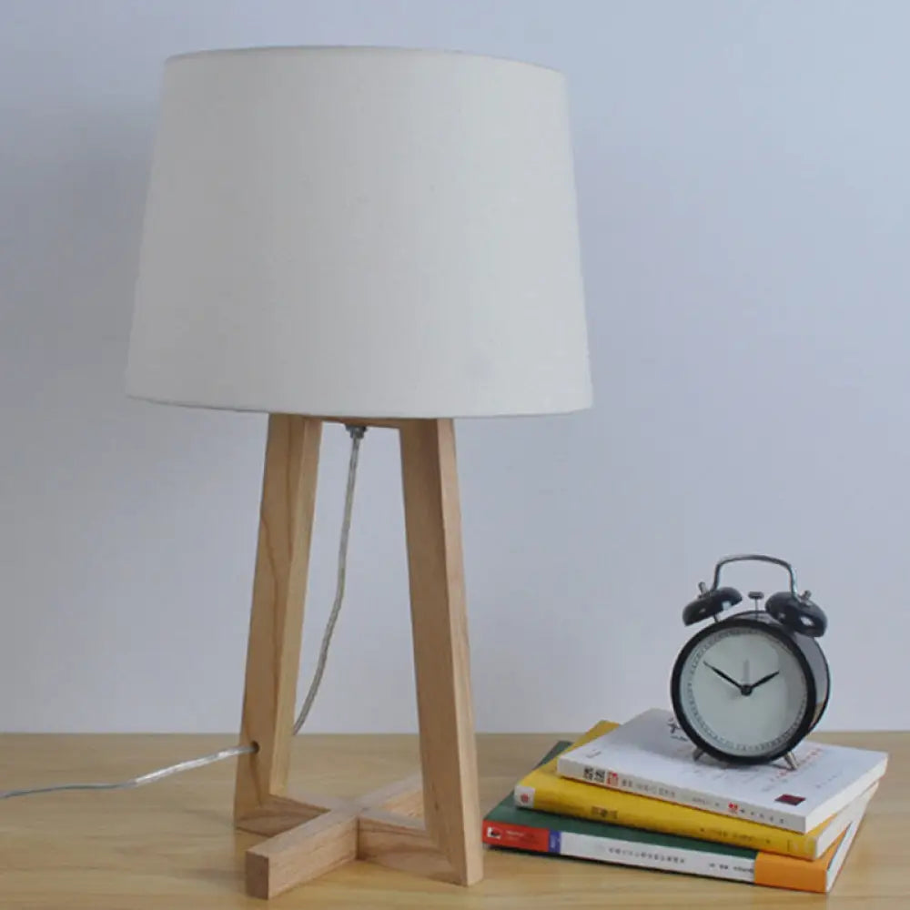 Minimalist Fabric Drum Night Table Light For Kids Room - 1-Head Wood 2-Legged Nightstand Lamp