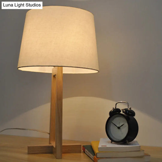 Minimalist Fabric Drum Night Table Light For Kids Room - 1-Head Wood 2-Legged Nightstand Lamp