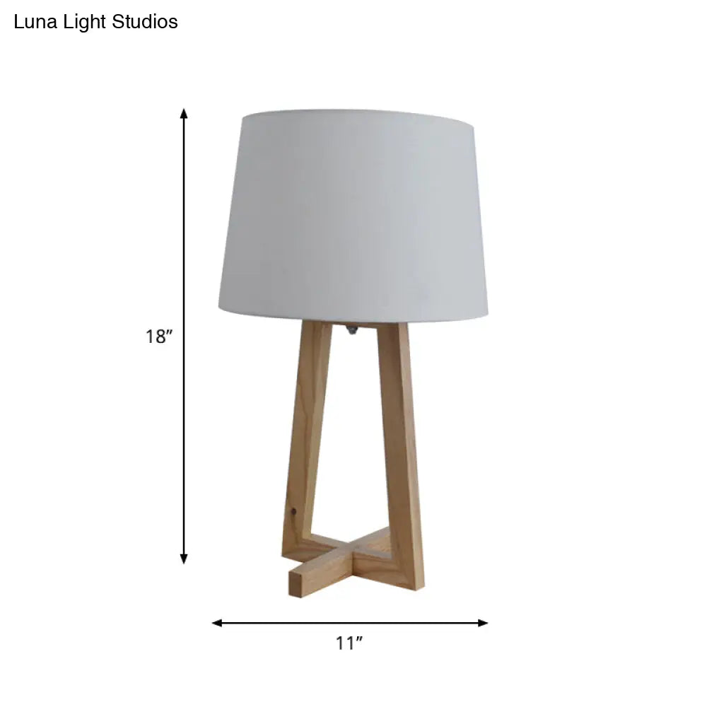 Minimalist Fabric Drum Night Table Light For Kids Room - 1-Head Wood 2-Legged Nightstand Lamp