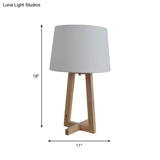 Minimalist Fabric Drum Night Table Light For Kids Room - 1-Head Wood 2-Legged Nightstand Lamp