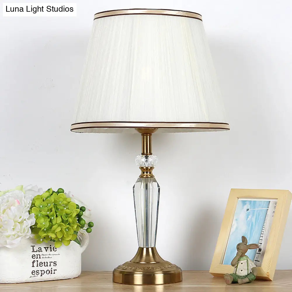 Minimalist Fabric Drum Nightstand Lamp - Single Head White Living Room Night Light With Crystal