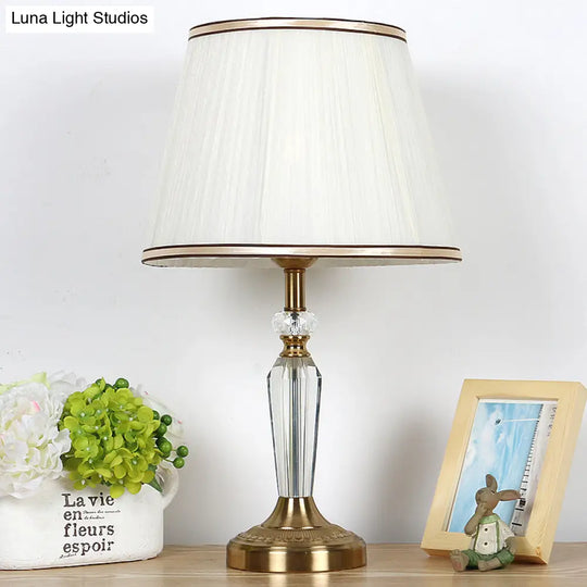 Minimalist Fabric Drum Nightstand Lamp - Single Head White Living Room Night Light With Crystal