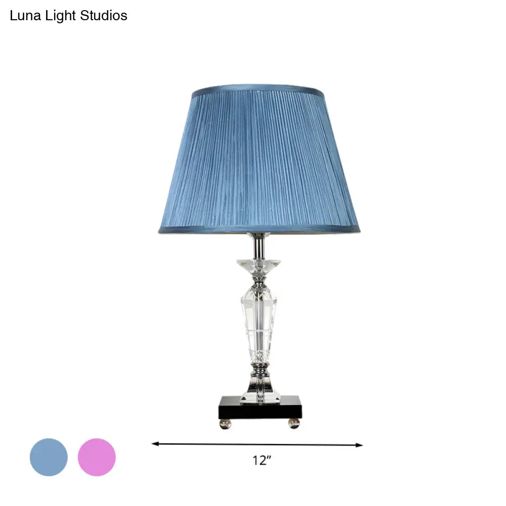 Minimalist Fabric Nightstand Lamp In Pink/Blue With Crystal Deco - Single Bulb Table Light