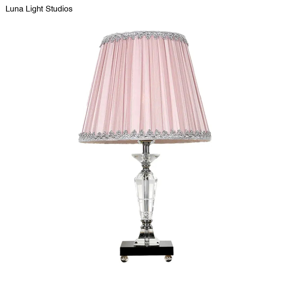 Minimalist Fabric Nightstand Lamp In Pink/Blue With Crystal Deco - Single Bulb Table Light