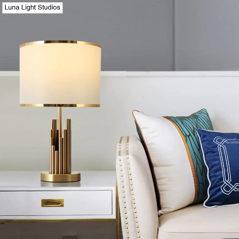 Minimalist Fabric Round Shade Table Lamp - 1 Light Brass Nightstand Lighting For Study Room