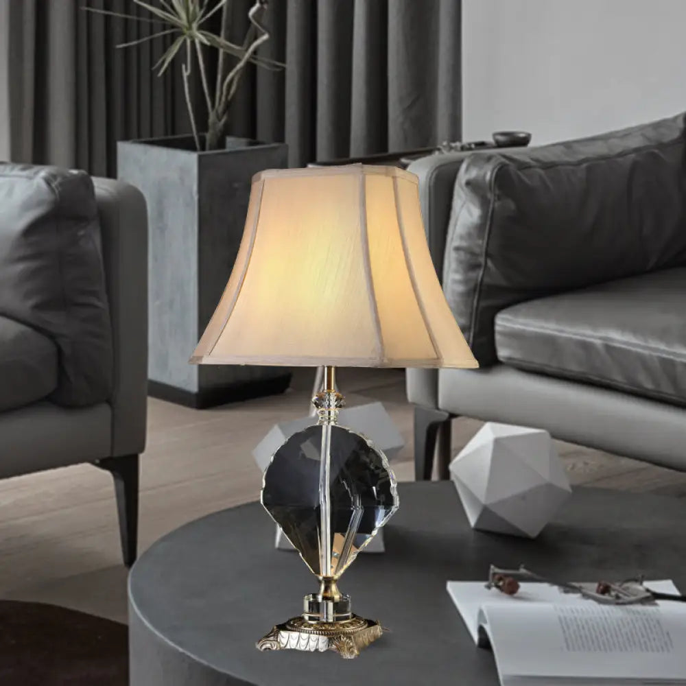 Minimalist Fabric Table Lamp With Leaf Crystal Accent - Beige Night Light