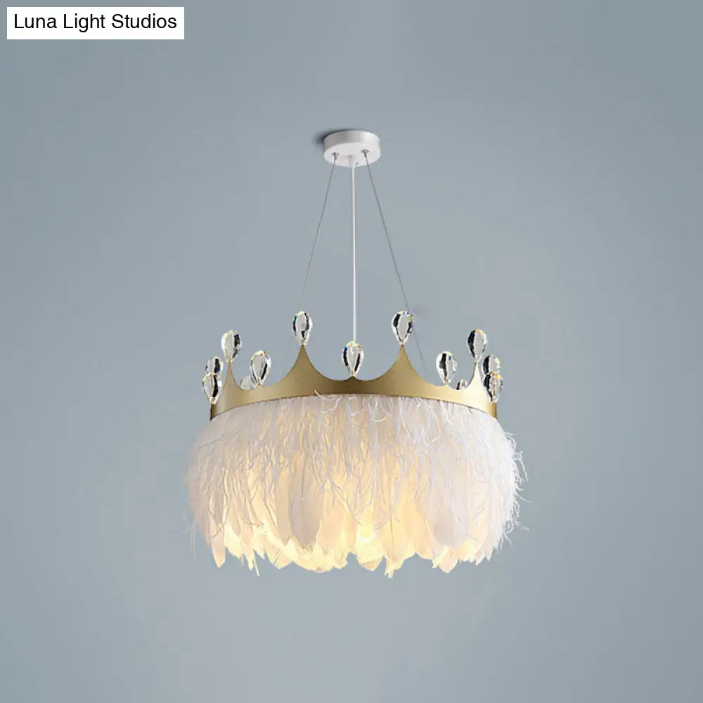 Minimalist Feather Crown Pendant Light - White Suspension With Crystal Deco / 22