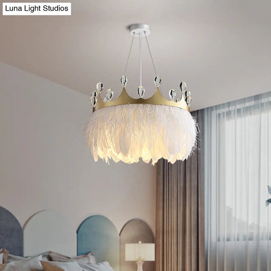 Minimalist Feather Crown Pendant Light With Crystal Deco