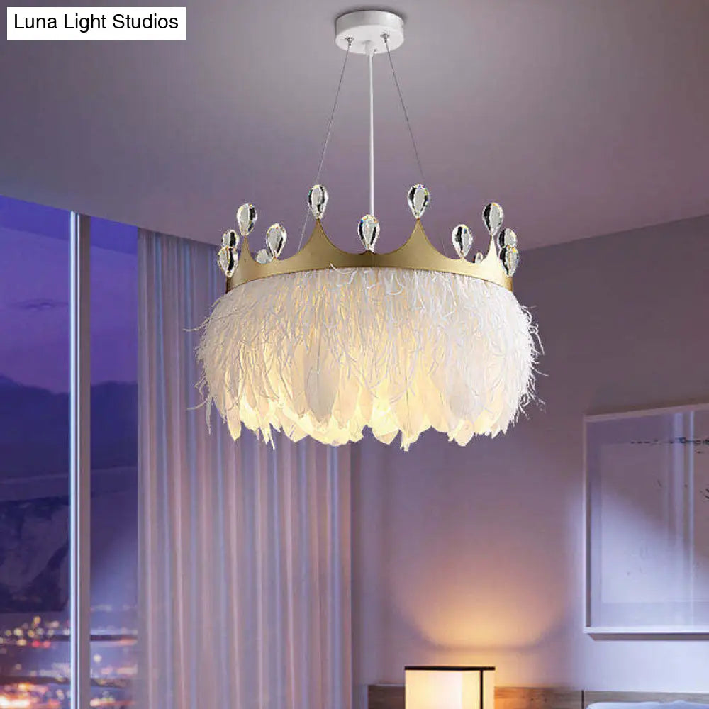 Minimalist Feather Crown Pendant Light - White Suspension With Crystal Deco