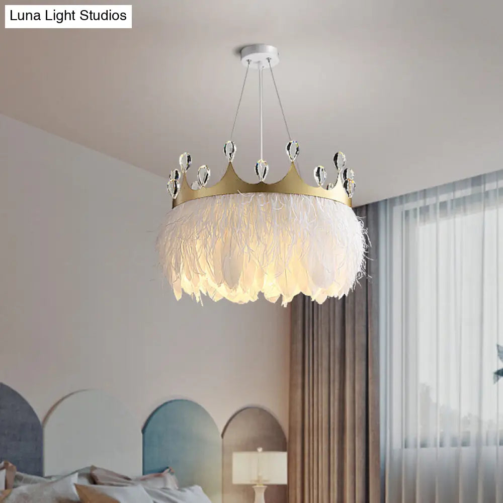Minimalist Feather Crown Pendant Light - White Suspension With Crystal Deco
